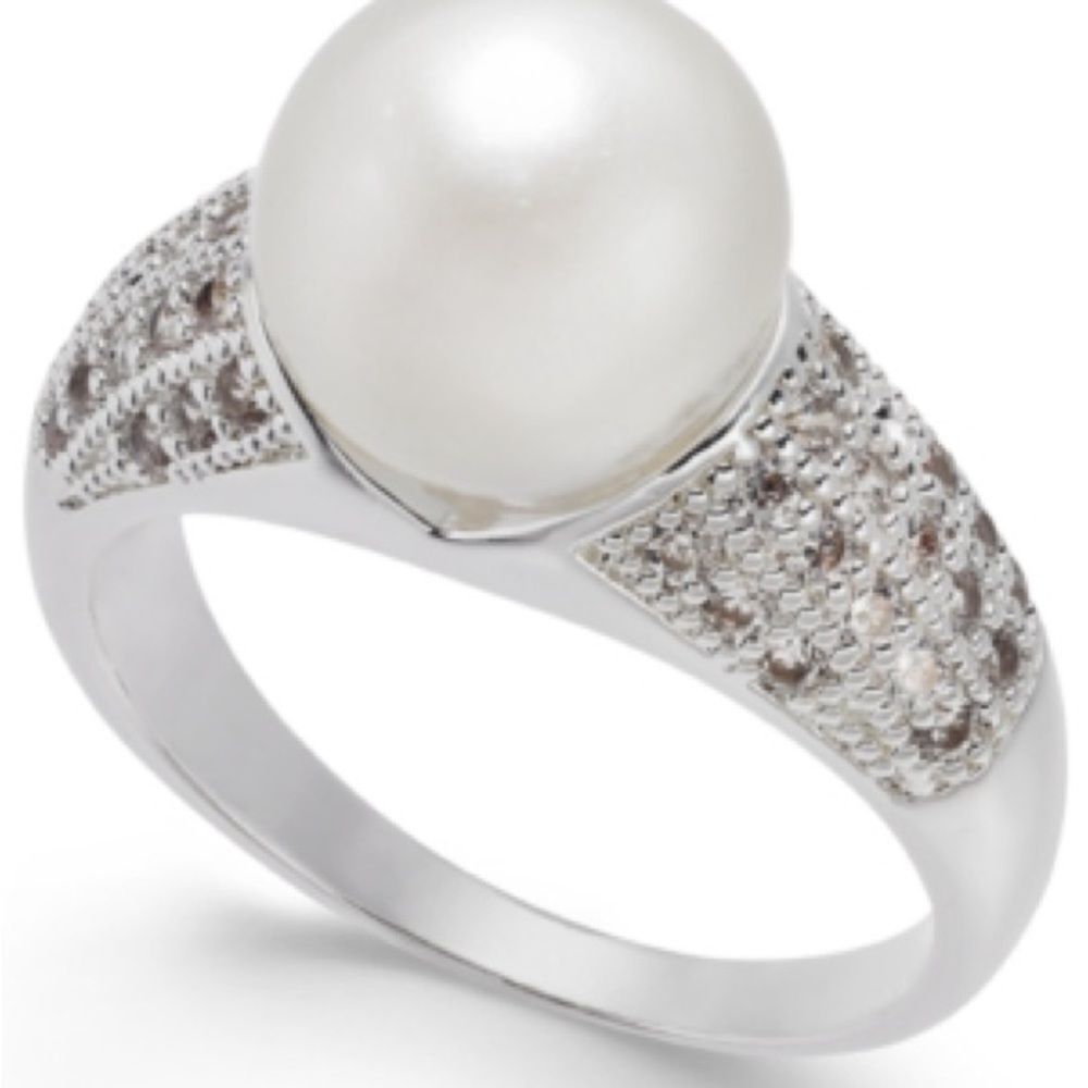Charter Club Fine Silver Plate Pave & Imitation Pearl Ring  size 10